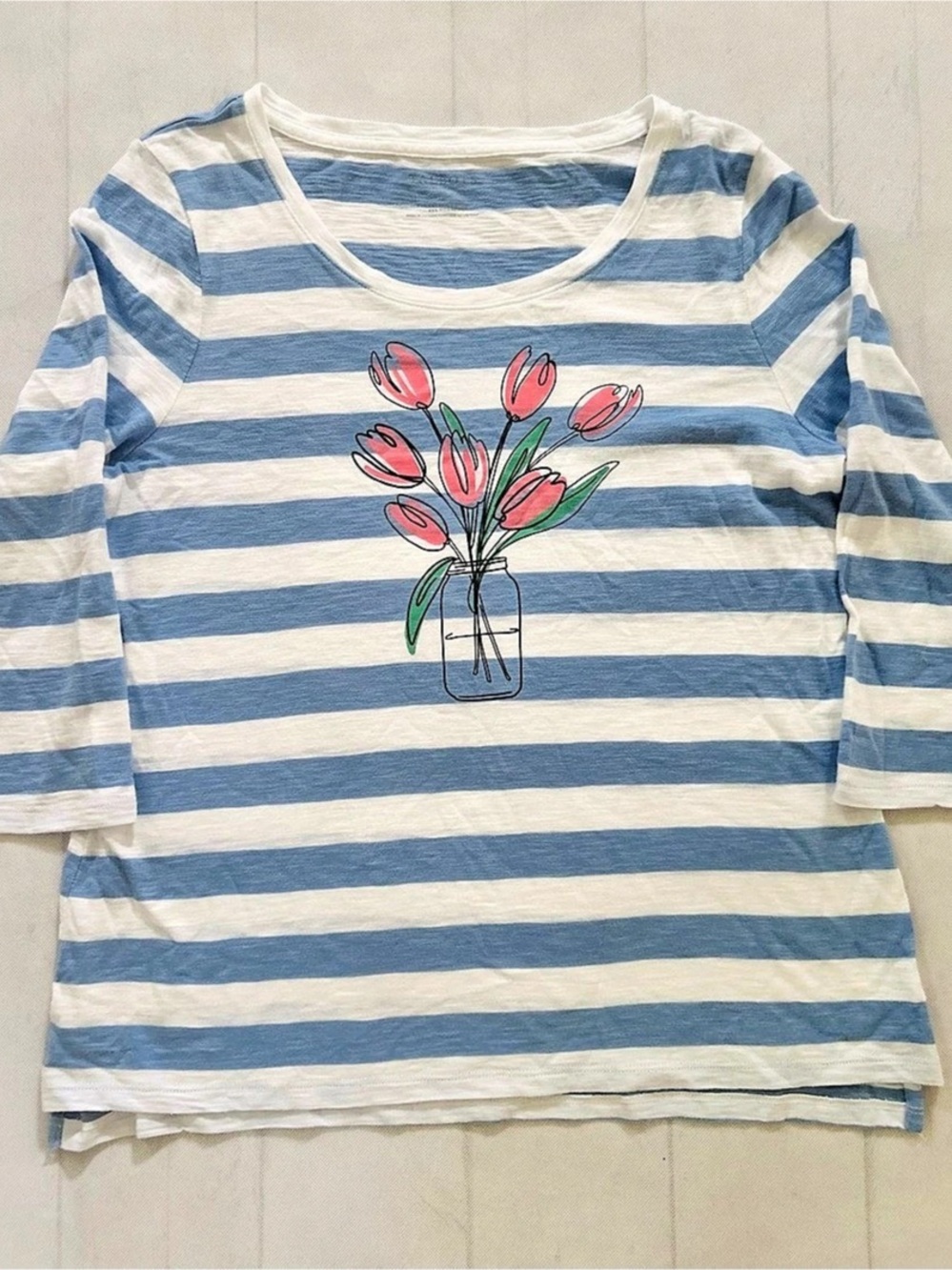 Talbots Tulips Stripe Graphic Tee Long Sleeve Top Blue & White Sz Large